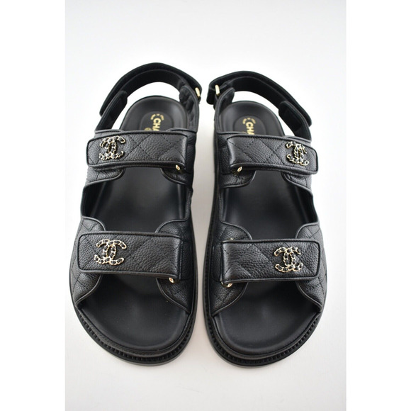 Chanel REV Black Caviar Gold CC Logo Mule Slide Strap Flat Teva Dad Sandal 36.5 - Picture 6 of 12